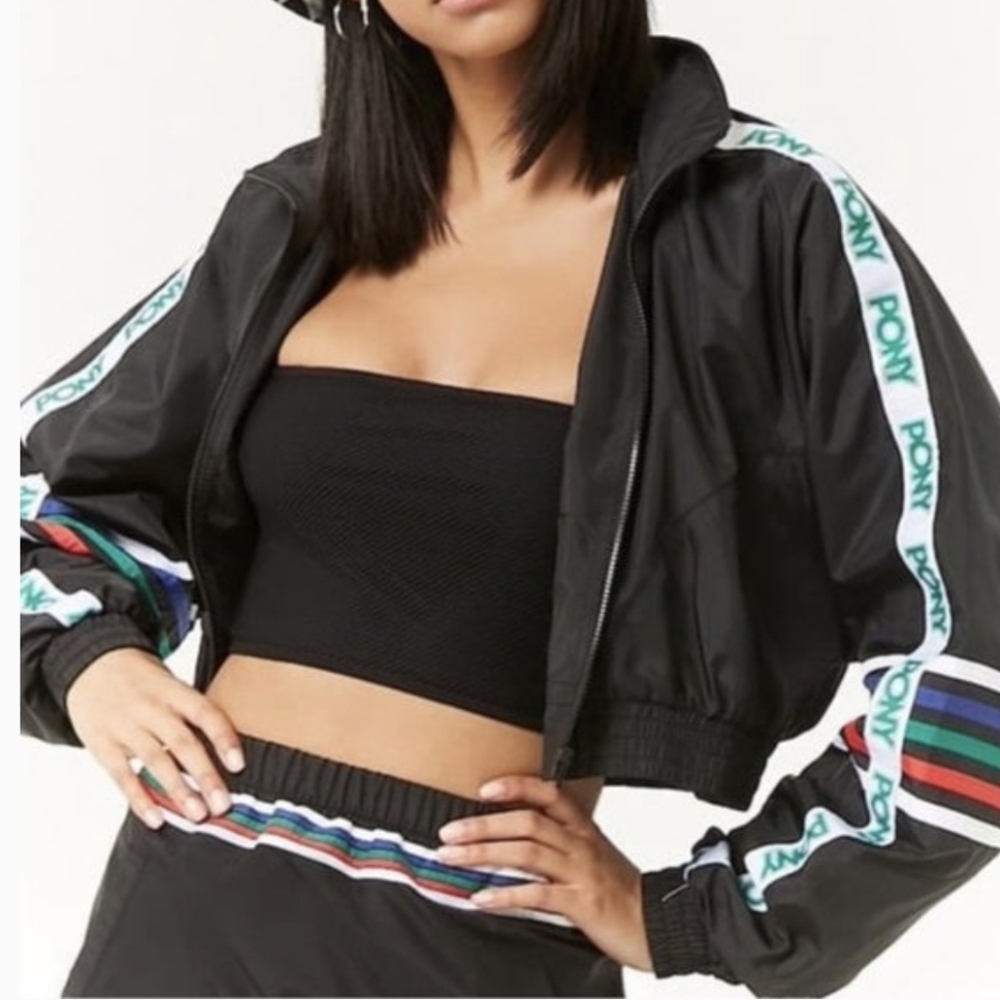 Pony Forever 21 Women's Retro Black Cropped Windbreaker Jacket Small‎